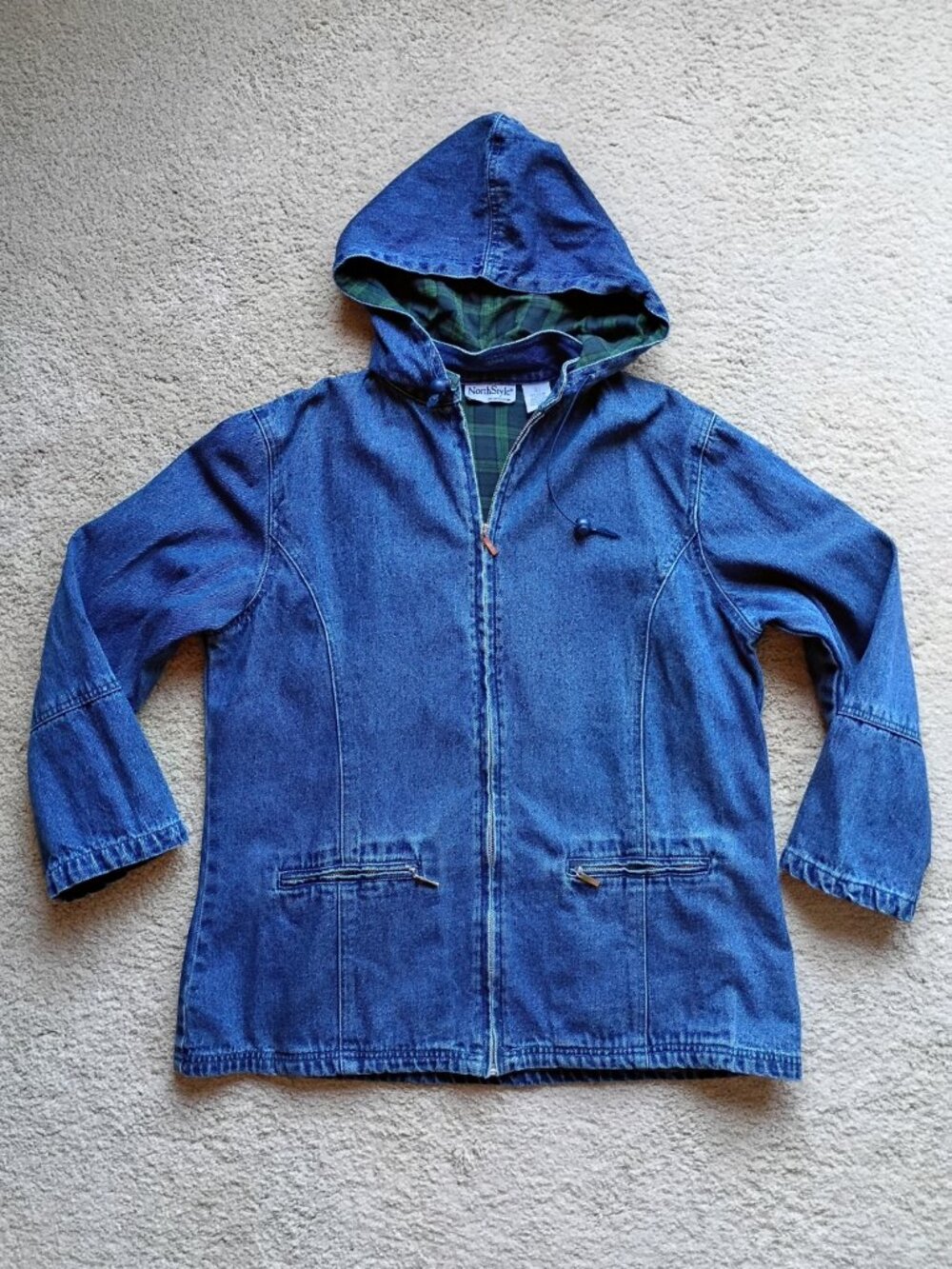 Northstyle Women’s Flannel Lined Denim Jean Jacket Hooded Full Zip Sz L 90s Vtg